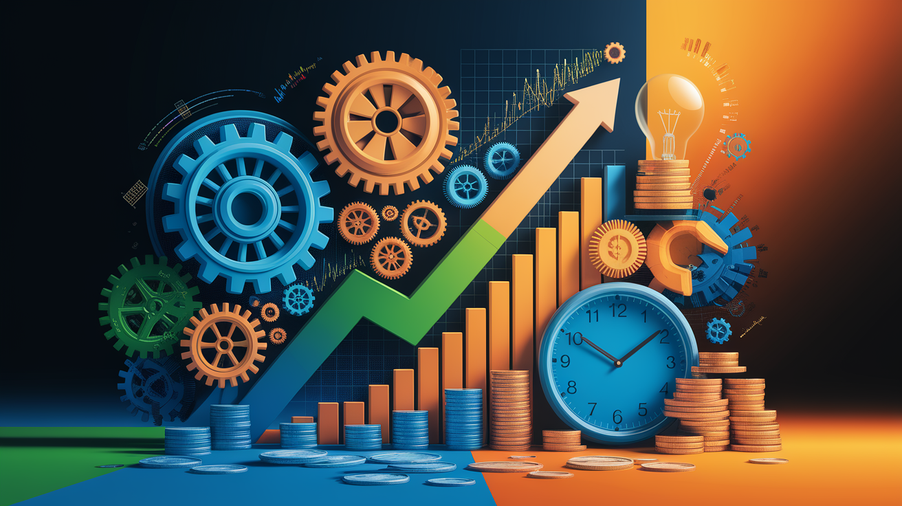 A conceptual illustration representing Maximizing Efficiency and Savings. Visualize the main ideas: . Creative but clear representation of the concept. Style: Visual Theme: Clean, modern aesthetic with high contrast and vibrant energy. Emphasize the intersect. high quality, detailed, professional, clean composition, good lighting, sharp focus, well-composed. high quality, professional, detailed, well-composed