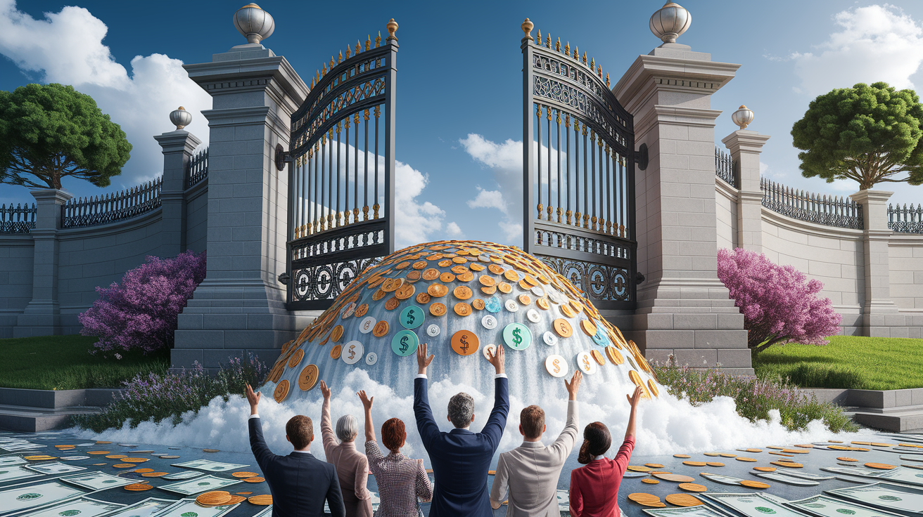 A conceptual illustration representing Opening the Funding Floodgates. Visualize the main ideas: . Creative but clear representation of the concept. Style: photorealistic. high quality, detailed, professional, clean composition, good lighting, sharp focus, well-composed. high quality, professional, detailed, well-composed