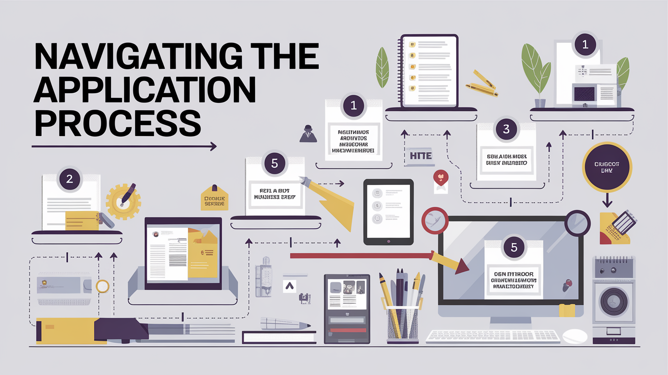 A clear, step-by-step visual illustration showing Navigating the Application Process. Focus on . Include visual elements like arrows, numbered steps, or sequential flow. Professional and instructional style. Style: photorealistic. high quality, detailed, professional, clean composition, good lighting, sharp focus, well-composed. high quality, professional, detailed, well-composed
