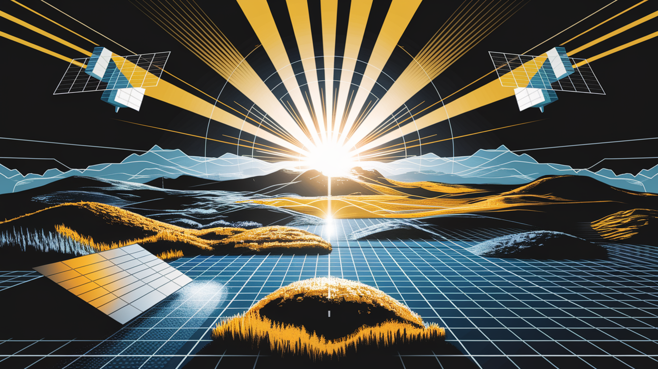 A conceptual illustration representing Sunlight Unveiled: Understanding Satellite Irradiance Site Assessment. Visualize the main ideas: . Creative but clear representation of the concept. Style: Visual Theme: Clean, modern aesthetic with high contrast and vibrant energy. Emphasize the intersect. high quality, detailed, professional, clean composition, good lighting, sharp focus, well-composed. high quality, professional, detailed, well-composed