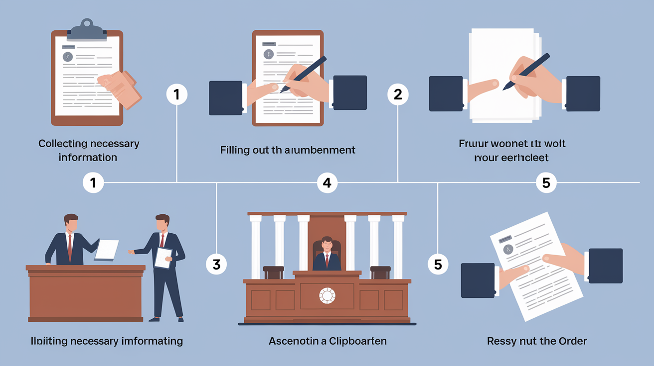 A clear, step-by-step visual illustration showing Initiating the Restraining Order Process. Focus on . Include visual elements like arrows, numbered steps, or sequential flow. Professional and instructional style. Style: photorealistic. high quality, detailed, professional, clean composition, good lighting, sharp focus, well-composed. high quality, professional, detailed, well-composed