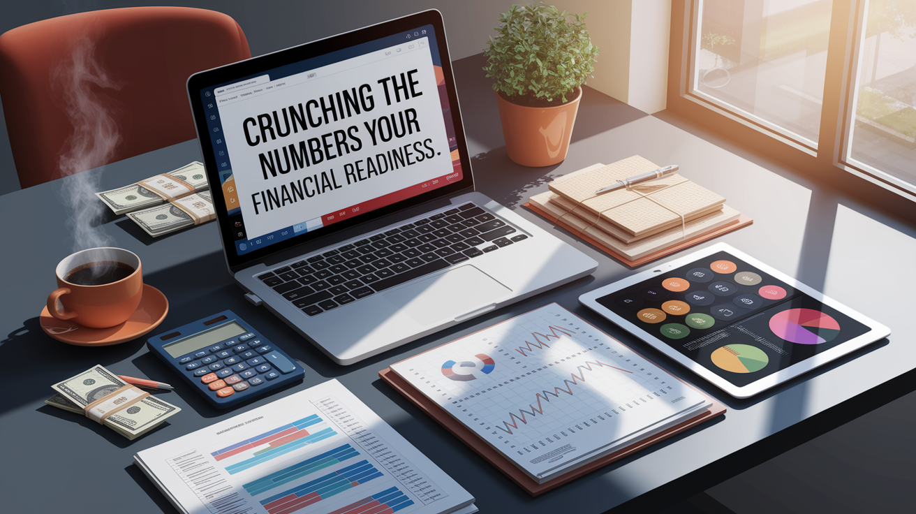 A conceptual illustration representing Crunching the Numbers: Assessing Your Financial Readiness. Visualize the main ideas: . Creative but clear representation of the concept. Style: photorealistic. high quality, detailed, professional, clean composition, good lighting, sharp focus, well-composed. high quality, professional, detailed, well-composed