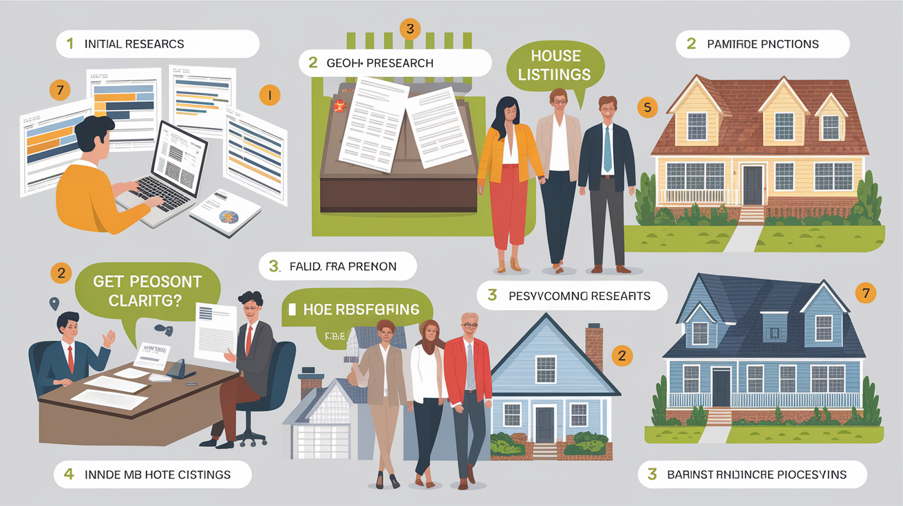 A clear, step-by-step visual illustration showing House Hunting to Closing: Navigating the Buying Process. Focus on . Include visual elements like arrows, numbered steps, or sequential flow. Professional and instructional style. Style: photorealistic. high quality, detailed, professional, clean composition, good lighting, sharp focus, well-composed. high quality, professional, detailed, well-composed