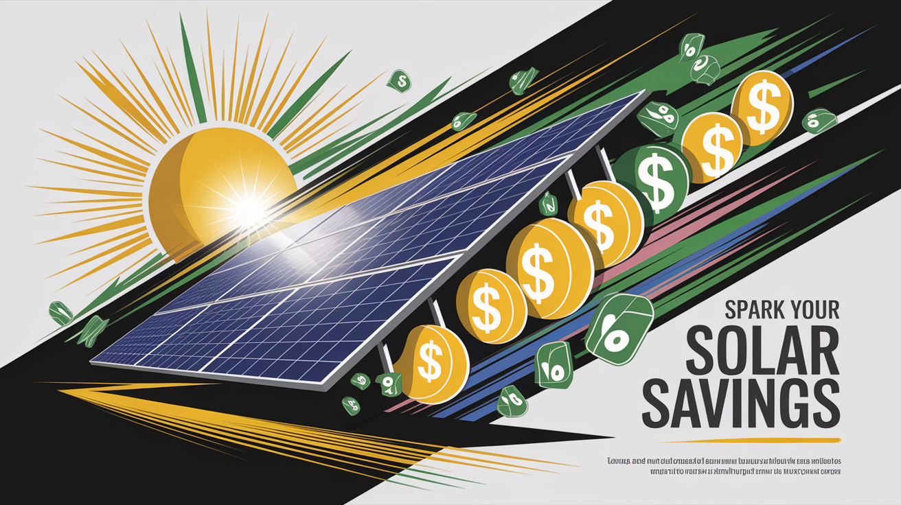 A conceptual illustration representing Spark Your Solar Savings. Visualize the main ideas: . Creative but clear representation of the concept. Style: Visual Theme: Clean, modern aesthetic with high contrast and vibrant energy. Emphasize the intersect. high quality, detailed, professional, clean composition, good lighting, sharp focus, well-composed. high quality, professional, detailed, well-composed