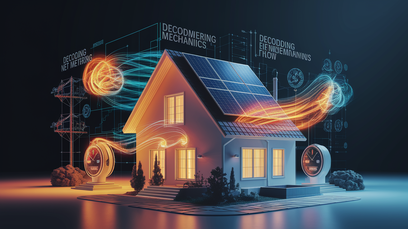 A conceptual illustration representing Decoding Net Metering Mechanics. Visualize the main ideas: . Creative but clear representation of the concept. Style: Visual Theme: Clean, modern aesthetic with high contrast and vibrant energy. Emphasize the intersect. high quality, detailed, professional, clean composition, good lighting, sharp focus, well-composed. high quality, professional, detailed, well-composed