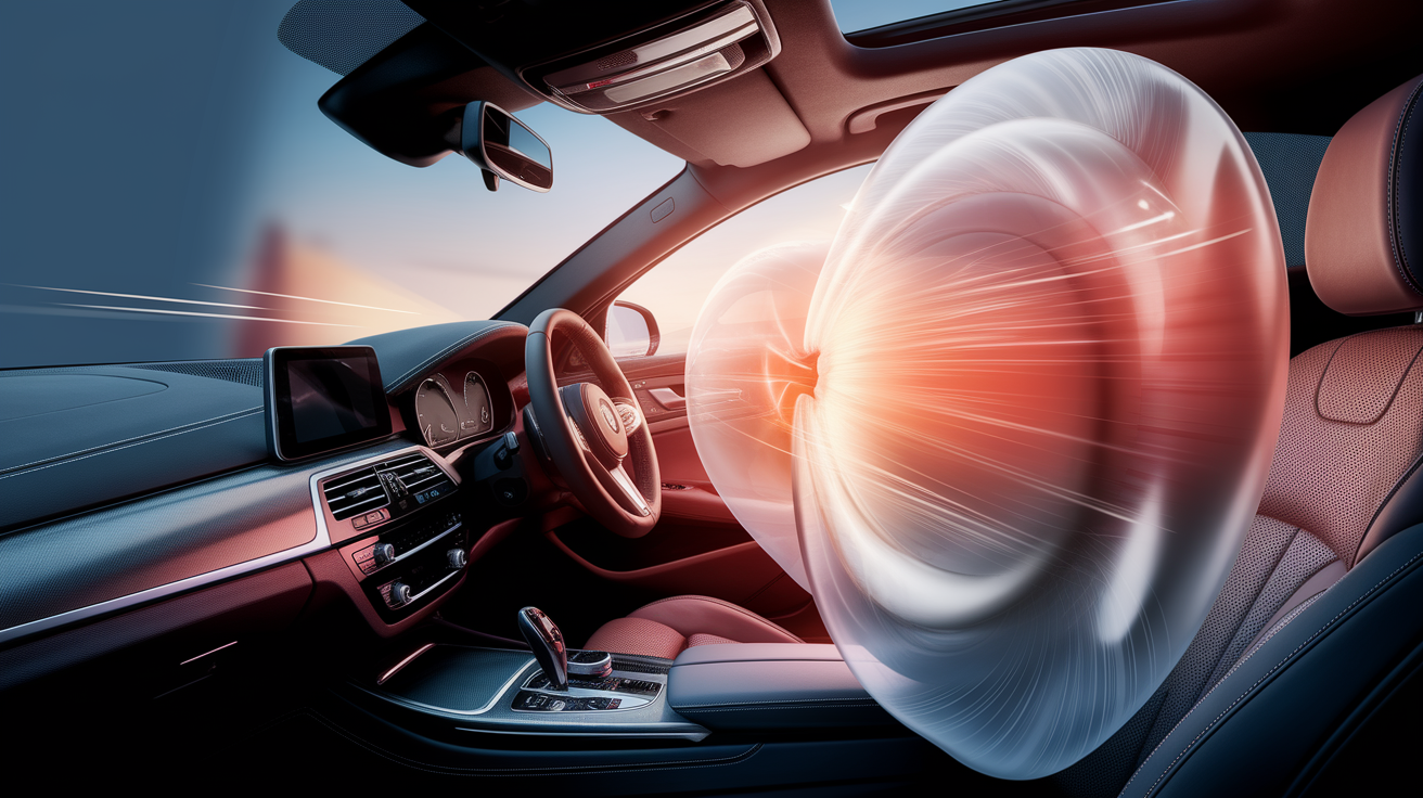 A conceptual illustration representing In the Blink of an Eye: How Airbags Deploy. Visualize the main ideas: . Creative but clear representation of the concept. Style: photorealistic. high quality, detailed, professional, clean composition, good lighting, sharp focus, well-composed. high quality, professional, detailed, well-composed