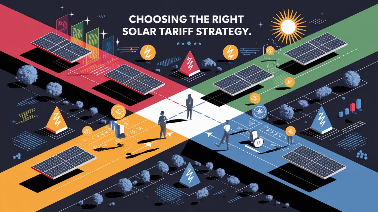 A conceptual illustration representing Choosing the Right Solar Tariff Strategy. Visualize the main ideas: . Creative but clear representation of the concept. Style: Visual Theme: Clean, modern aesthetic with high contrast and vibrant energy. Emphasize the intersect. high quality, detailed, professional, clean composition, good lighting, sharp focus, well-composed. high quality, professional, detailed, well-composed