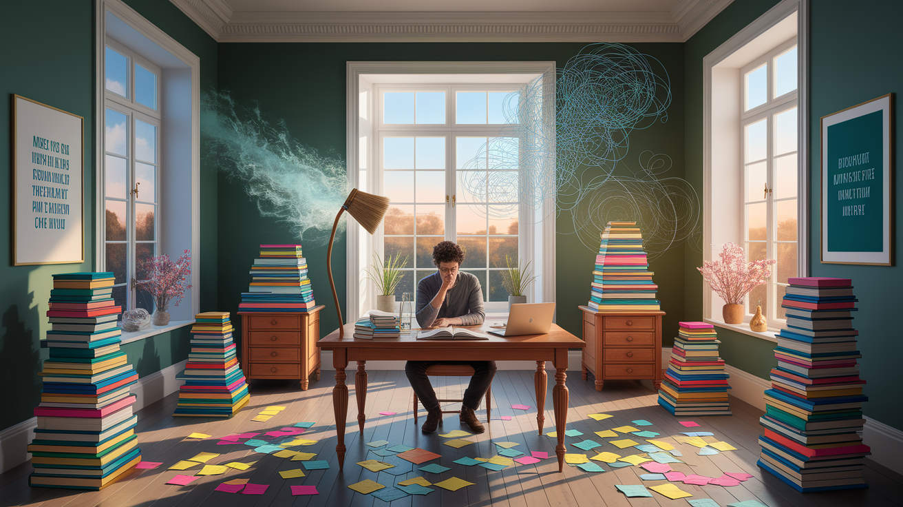 A conceptual illustration representing Mental Housekeeping and Information Cleanup. Visualize the main ideas: . Creative but clear representation of the concept. Style: photorealistic. high quality, detailed, professional, clean composition, good lighting, sharp focus, well-composed. high quality, professional, detailed, well-composed