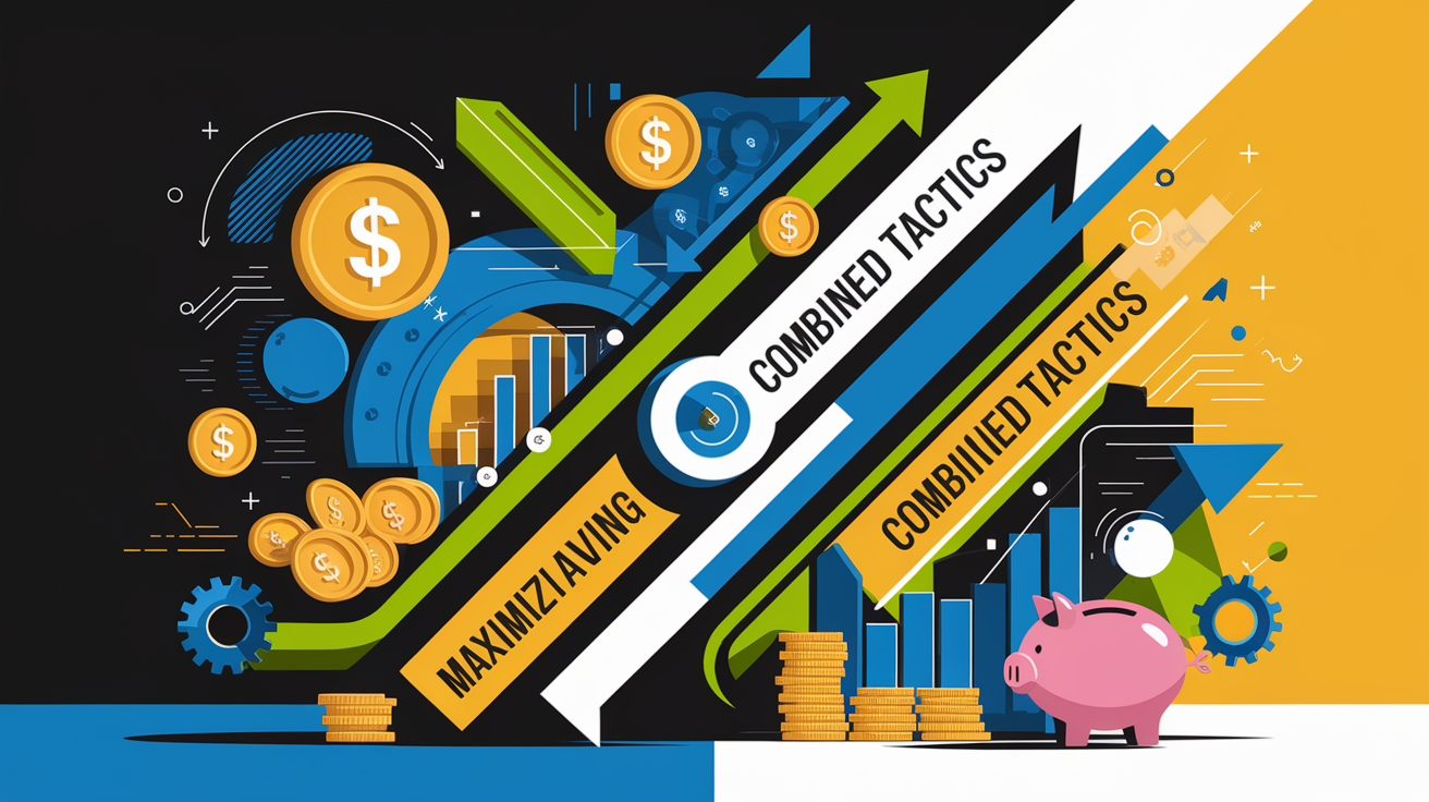A conceptual illustration representing Maximizing Savings with Combined Tactics. Visualize the main ideas: . Creative but clear representation of the concept. Style: Visual Theme: Clean, modern aesthetic with high contrast and vibrant energy. Emphasize the intersect. high quality, detailed, professional, clean composition, good lighting, sharp focus, well-composed. high quality, professional, detailed, well-composed