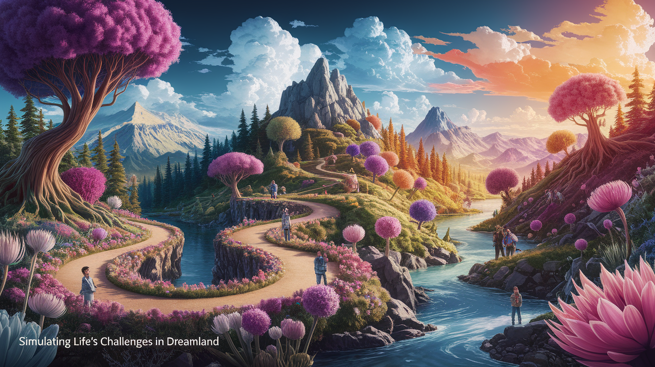 A conceptual illustration representing Simulating Lifeâ€™s Challenges in Dreamland. Visualize the main ideas: . Creative but clear representation of the concept. Style: photorealistic. high quality, detailed, professional, clean composition, good lighting, sharp focus, well-composed. high quality, professional, detailed, well-composed