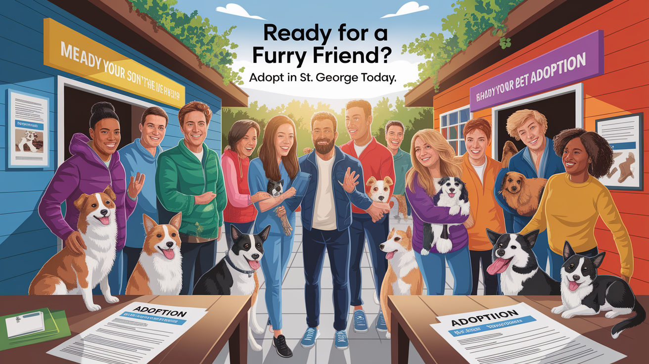A conceptual illustration representing Ready for a Furry Friend? Adopt in St. George Today. Visualize the main ideas: thinking, bringing, adopting, local, shelter. Creative but clear representation of the concept. Style: photorealistic. high quality, detailed, professional, clean composition, good lighting, sharp focus, well-composed.