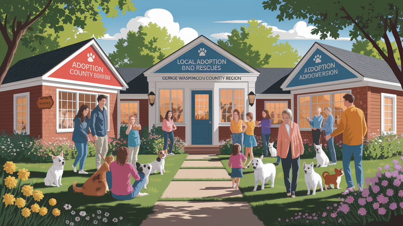 A conceptual illustration representing Local Adoption Centers and Rescues. Visualize the main ideas: George, surrounding, Washington, County, region. Creative but clear representation of the concept. Style: photorealistic. high quality, detailed, professional, clean composition, good lighting, sharp focus, well-composed.