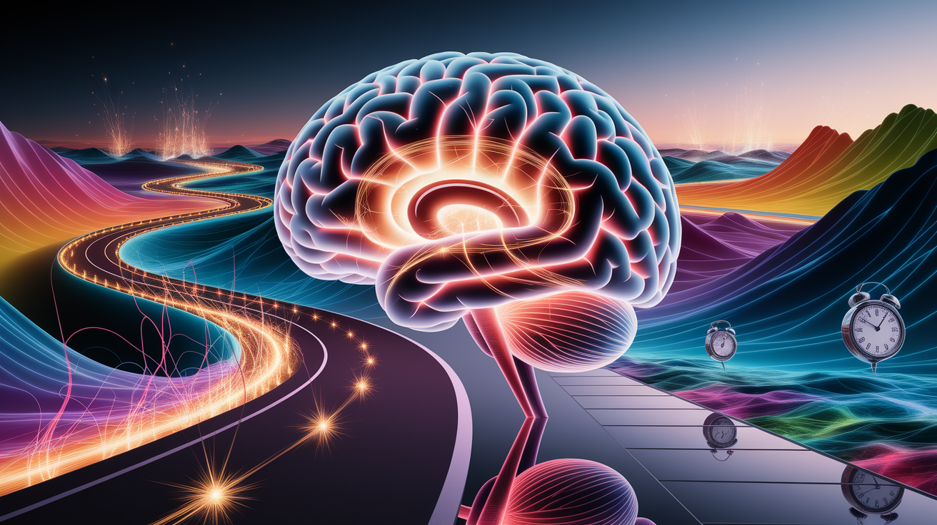 A conceptual illustration representing Neurological Roots of Déjà Vu. Visualize the main ideas: neuroscience, perspective, appears, closely, linked. Creative but clear representation of the concept. Style: photorealistic. high quality, detailed, professional, clean composition, good lighting, sharp focus, well-composed.