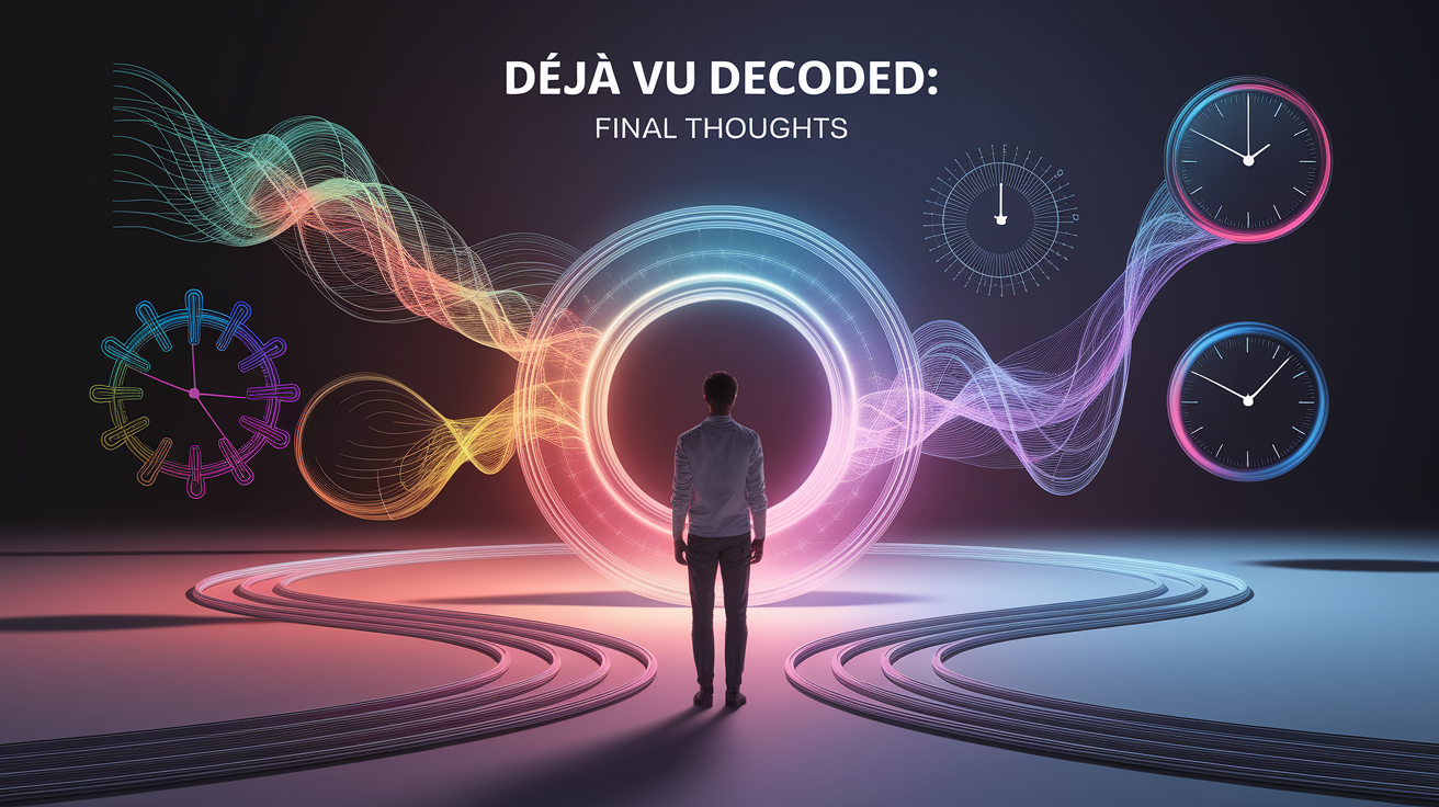 A conceptual illustration representing Déjà Vu Decoded: Final Thoughts. Visualize the main ideas: While, still, partly, mystery, science. Creative but clear representation of the concept. Style: photorealistic. high quality, detailed, professional, clean composition, good lighting, sharp focus, well-composed.