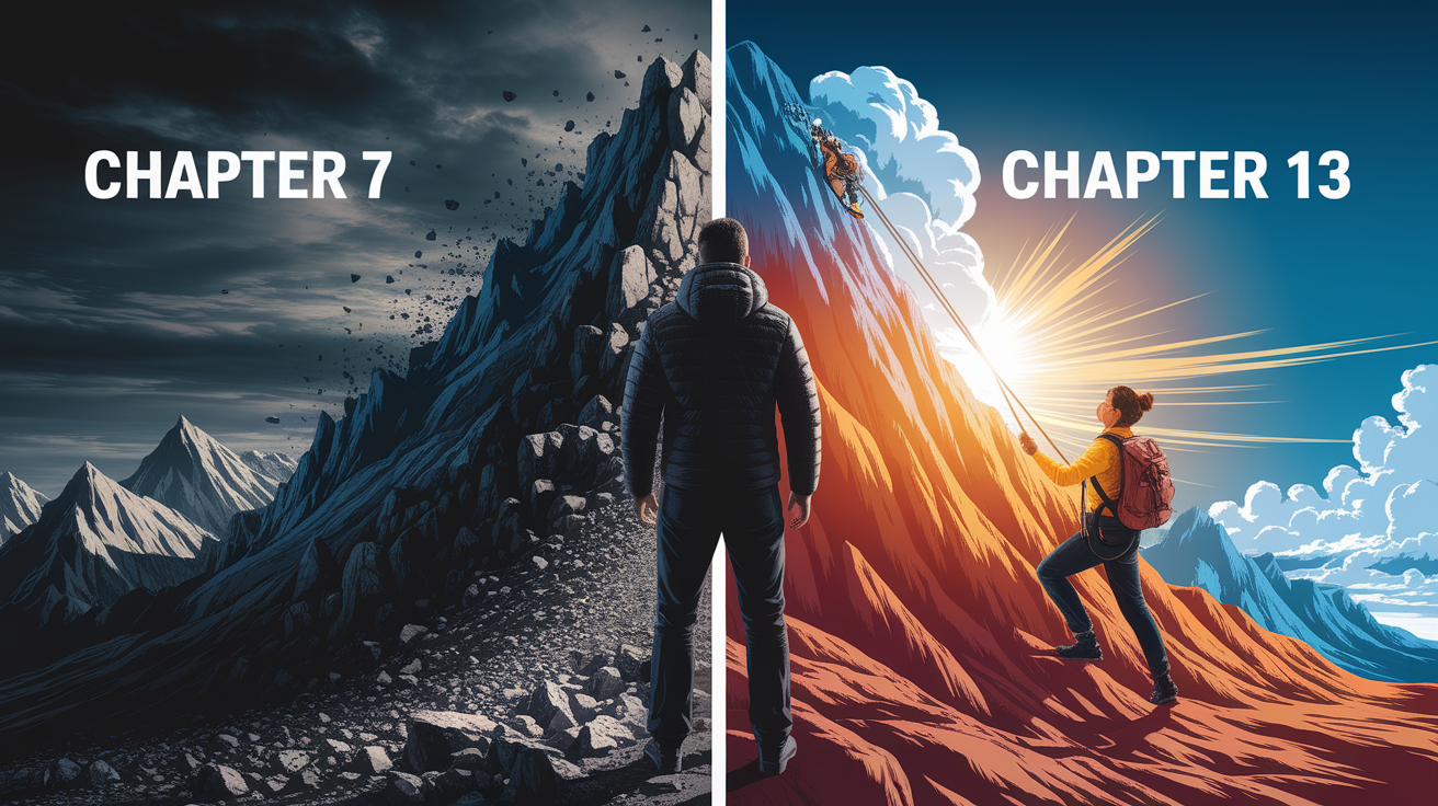 A side-by-side comparison visual for Overview of bankruptcy-chapter-7-vs-13. Show contrasting elements: Bankruptcy, standing, bottom, mountain, climbing. Use clear visual separation, possibly with split-screen or before/after layout. Style: photorealistic. high quality, detailed, professional, clean composition, good lighting, sharp focus, well-composed.