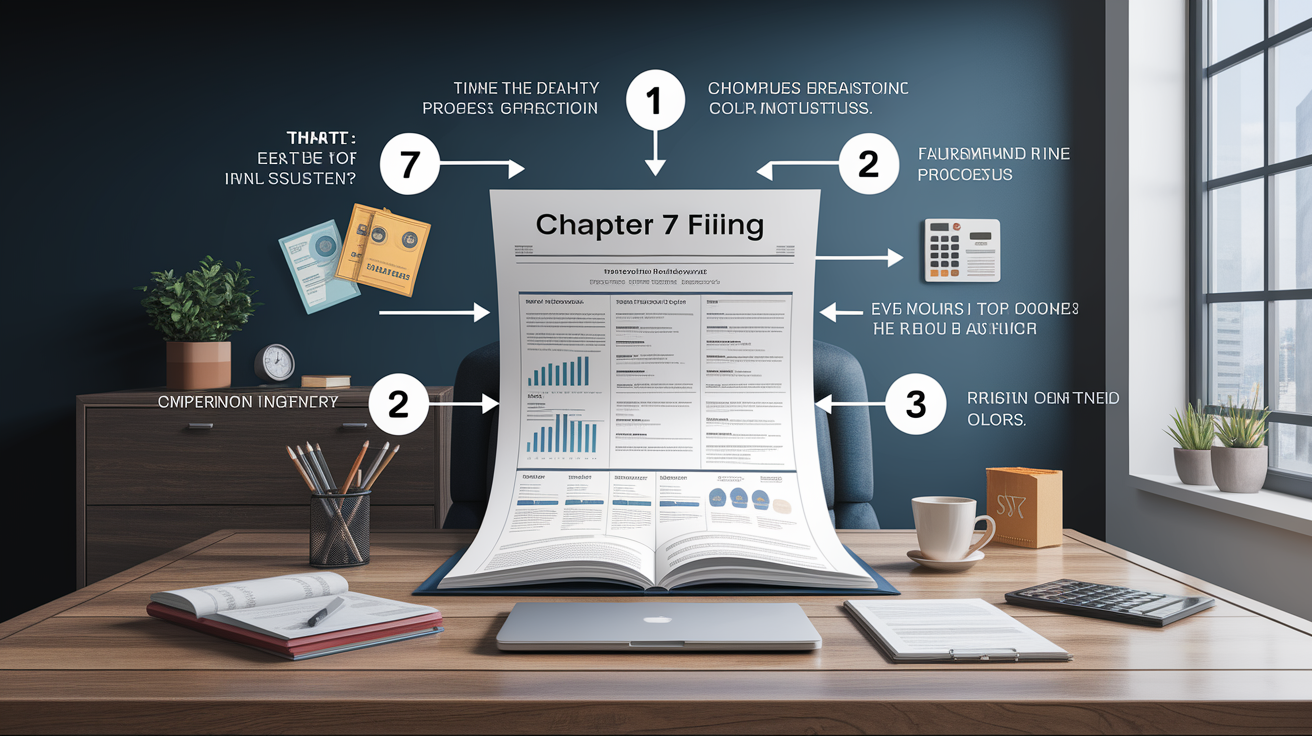 A clear, step-by-step visual illustration showing Step-by-step process for filing Chapter 7. Focus on Think, Chapter, sprint, usually, quickly. Include visual elements like arrows, numbered steps, or sequential flow. Professional and instructional style. Style: photorealistic. high quality, detailed, professional, clean composition, good lighting, sharp focus, well-composed.