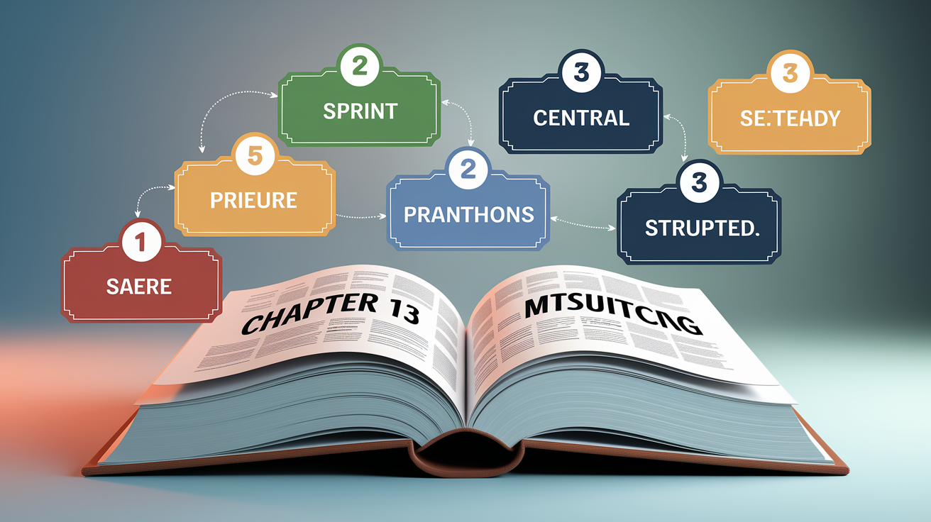 A clear, step-by-step visual illustration showing Step-by-step process for filing Chapter 13. Focus on Chapter, sprint, marathon, steady, structured. Include visual elements like arrows, numbered steps, or sequential flow. Professional and instructional style. Style: photorealistic. high quality, detailed, professional, clean composition, good lighting, sharp focus, well-composed.