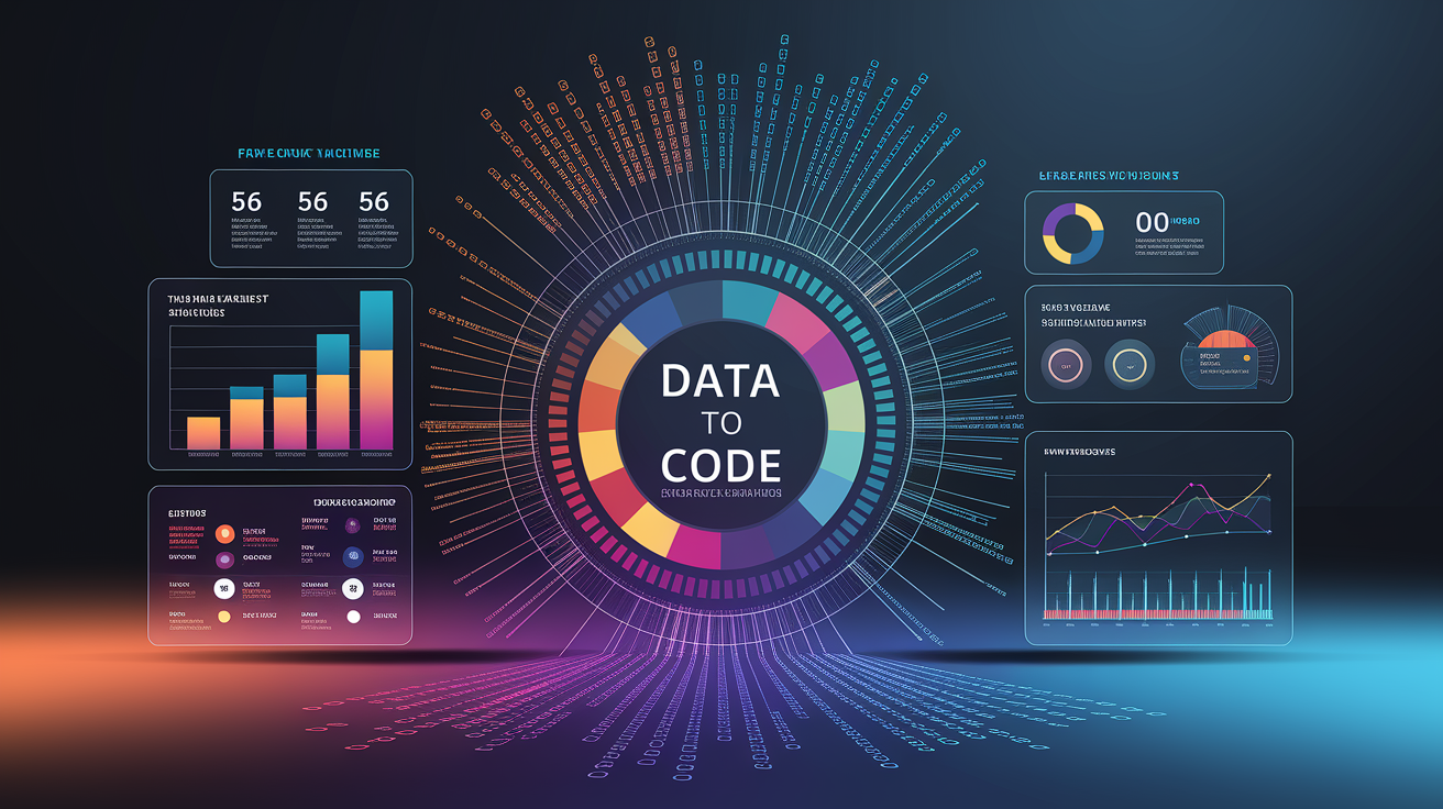 A clean, professional data visualization or infographic related to From Data to Code: Encoding Explained. Include elements like charts, graphs, or statistical representations. Focus on creating, information, numbers, converted, binary. Style: photorealistic. high quality, detailed, professional, clean composition, good lighting, sharp focus, well-composed.
