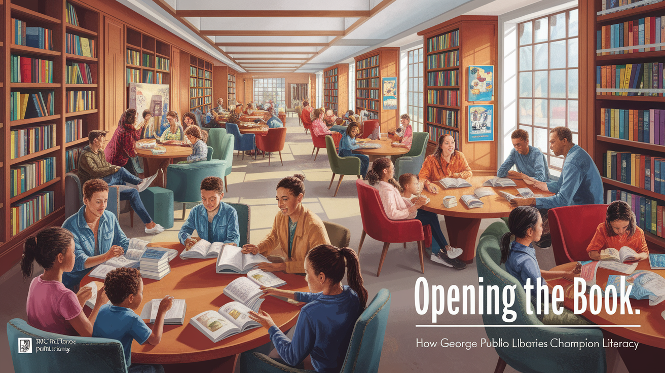 A conceptual illustration representing Opening the Book: How St. George Public Libraries Champion Literacy. Visualize the main ideas: George, public, libraries, serve, welcoming. Creative but clear representation of the concept. Style: photorealistic. high quality, detailed, professional, clean composition, good lighting, sharp focus, well-composed.