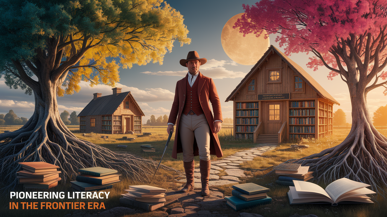 A conceptual illustration representing Pioneering Literacy in the Frontier Era. Visualize the main ideas: roots, today, George, Public, Library. Creative but clear representation of the concept. Style: photorealistic. high quality, detailed, professional, clean composition, good lighting, sharp focus, well-composed.