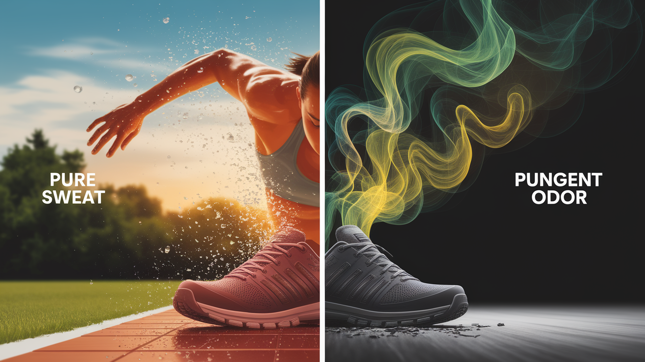 A conceptual illustration representing From Pure Sweat to Pungent Odor. Visualize the main ideas: Fresh, sweat, barely, scent, distinctive. Creative but clear representation of the concept. Style: photorealistic. high quality, detailed, professional, clean composition, good lighting, sharp focus, well-composed.