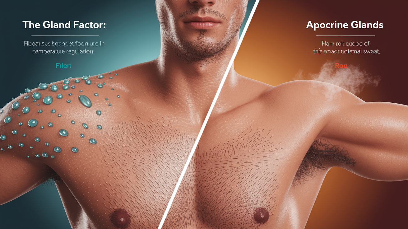 A side-by-side comparison visual for The Gland Factor: Eccrine vs. Apocrine. Show contrasting elements: sweat, comes, different, gland, types. Use clear visual separation, possibly with split-screen or before/after layout. Style: photorealistic. high quality, detailed, professional, clean composition, good lighting, sharp focus, well-composed.