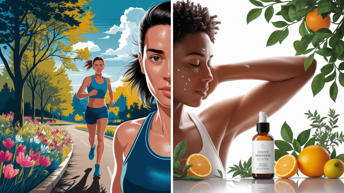 A conceptual illustration representing Take Control of Body Odor. Visualize the main ideas: Managing, sweat, smell, stopping, natural. Creative but clear representation of the concept. Style: photorealistic. high quality, detailed, professional, clean composition, good lighting, sharp focus, well-composed.