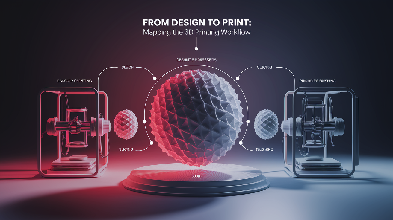 A conceptual illustration representing From Design to Print: Mapping the 3D Printing Workflow. Visualize the main ideas: journey, object, follows, clear, complete. Creative but clear representation of the concept. Style: photorealistic. high quality, detailed, professional, clean composition, good lighting, sharp focus, well-composed.