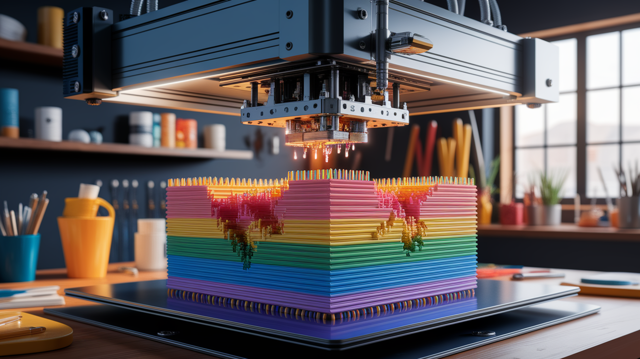 A conceptual illustration representing Building Layer by Layer: How the Printer Deposits Material. Visualize the main ideas: fascinating, aspects, printing, layer-by-layer, approach. Creative but clear representation of the concept. Style: photorealistic. high quality, detailed, professional, clean composition, good lighting, sharp focus, well-composed.