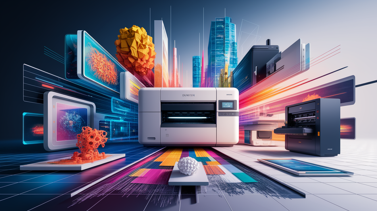 A conceptual illustration representing Printing Technologies at a Glance. Visualize the main ideas: There, bring, digital, model, world. Creative but clear representation of the concept. Style: photorealistic. high quality, detailed, professional, clean composition, good lighting, sharp focus, well-composed.