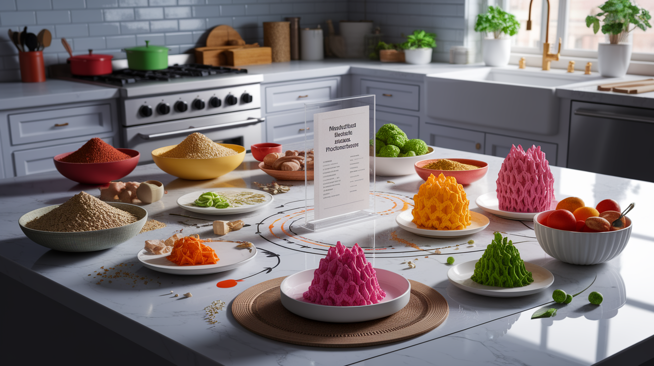A conceptual illustration representing Materials Matter: Choosing the Right Feedstock. Visualize the main ideas: chooses, ingredients, based, recipe, printing. Creative but clear representation of the concept. Style: photorealistic. high quality, detailed, professional, clean composition, good lighting, sharp focus, well-composed.