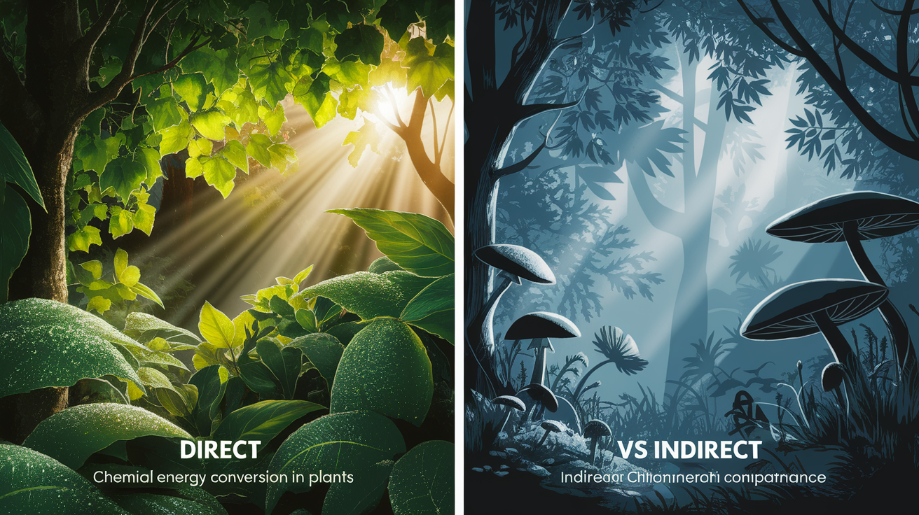 A side-by-side comparison visual for Two Pathways to Light: Direct vs Indirect. Show contrasting elements: There, routes, chemical, energy, become. Use clear visual separation, possibly with split-screen or before/after layout. Style: photorealistic. high quality, detailed, professional, clean composition, good lighting, sharp focus, well-composed.