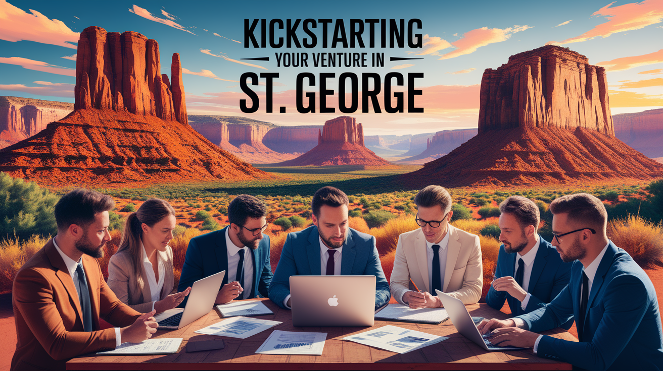 A conceptual illustration representing Kickstarting Your Venture in St. George. Visualize the main ideas: . Creative but clear representation of the concept. Style: photorealistic. high quality, detailed, professional, clean composition, good lighting, sharp focus, well-composed. high quality, professional, detailed, well-composed