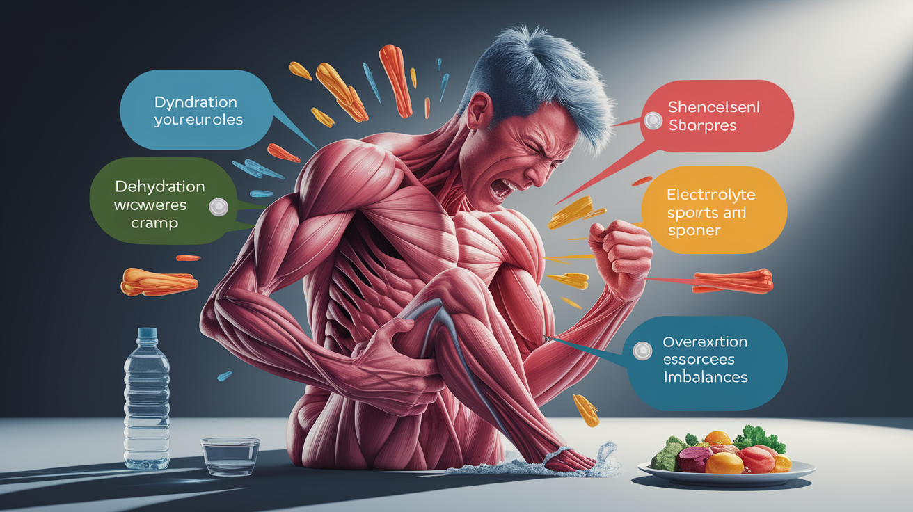 A conceptual illustration representing Common Triggers of Muscle Cramps. Visualize the main ideas: While, cramps, strike, nowhere, straightforward. Creative but clear representation of the concept. Style: photorealistic. high quality, detailed, professional, clean composition, good lighting, sharp focus, well-composed.