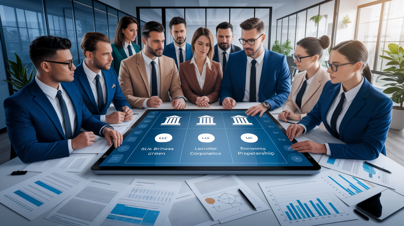 A conceptual illustration representing Choosing Your Business Structure and Registration. Visualize the main ideas: . Creative but clear representation of the concept. Style: photorealistic. high quality, detailed, professional, clean composition, good lighting, sharp focus, well-composed. high quality, professional, detailed, well-composed