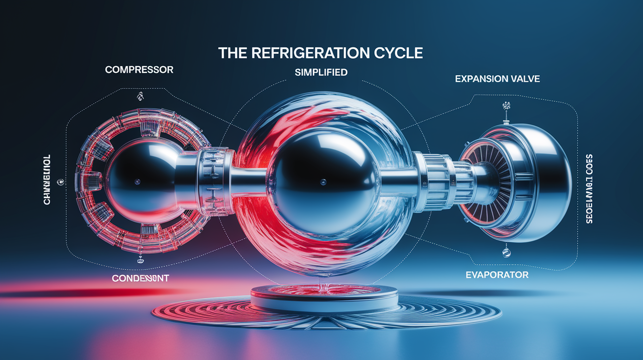 A conceptual illustration representing The Refrigeration Cycle Simplified. Visualize the main ideas: . Creative but clear representation of the concept. Style: photorealistic. high quality, detailed, professional, clean composition, good lighting, sharp focus, well-composed. high quality, professional, detailed, well-composed