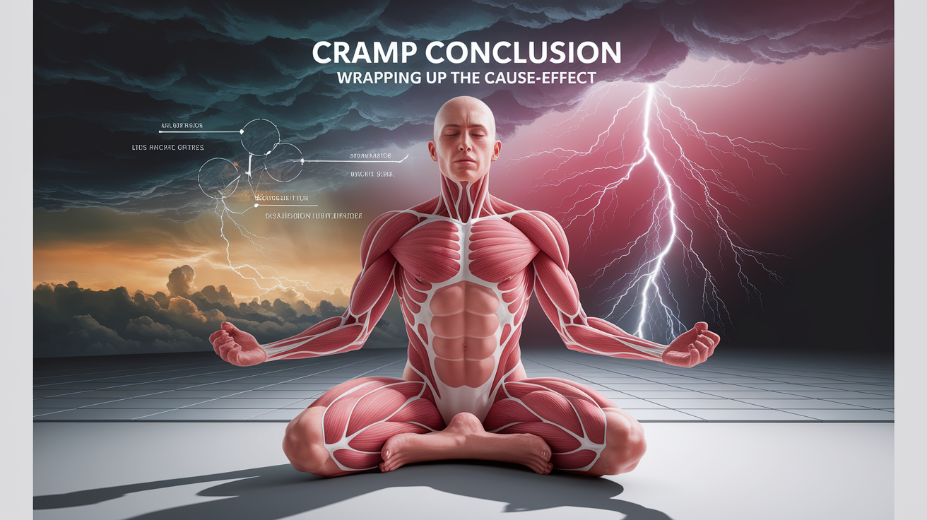 A conceptual illustration representing Cramp Conclusion: Wrapping Up the Cause-Effect. Visualize the main ideas: their, muscle, cramps, perfect, storm. Creative but clear representation of the concept. Style: photorealistic. high quality, detailed, professional, clean composition, good lighting, sharp focus, well-composed.