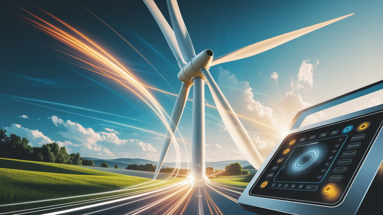 A conceptual illustration representing Turning Spin into Power â€“ Generator and Controls. Visualize the main ideas: . Creative but clear representation of the concept. Style: photorealistic. high quality, detailed, professional, clean composition, good lighting, sharp focus, well-composed. high quality, professional, detailed, well-composed