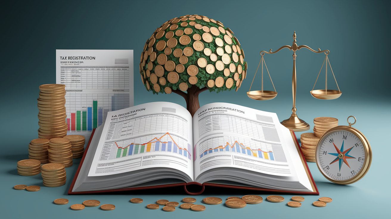 A conceptual illustration representing Tax Registration and Financial Foundations. Visualize the main ideas: . Creative but clear representation of the concept. Style: photorealistic. high quality, detailed, professional, clean composition, good lighting, sharp focus, well-composed. high quality, professional, detailed, well-composed