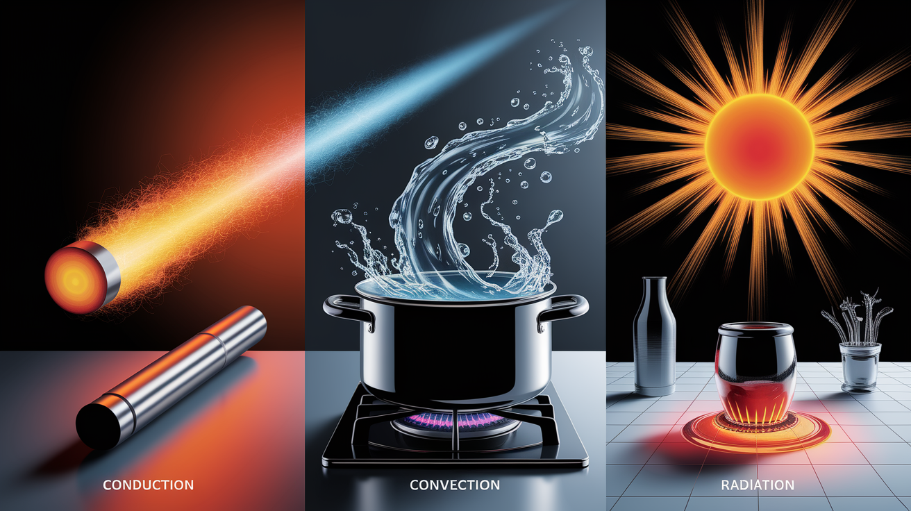 A conceptual illustration representing The Science of Heat Transfer. Visualize the main ideas: . Creative but clear representation of the concept. Style: photorealistic. high quality, detailed, professional, clean composition, good lighting, sharp focus, well-composed. high quality, professional, detailed, well-composed