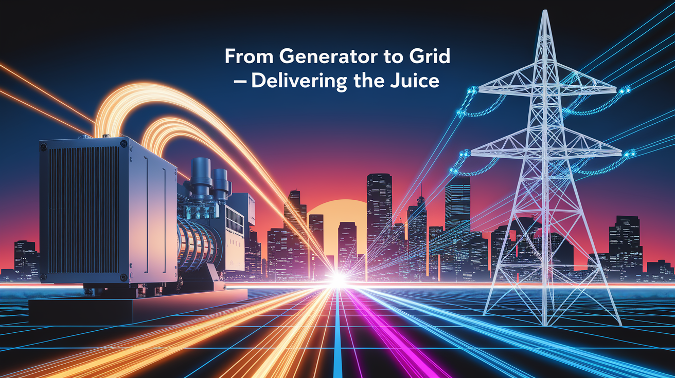 A conceptual illustration representing From Generator to Grid â€“ Delivering the Juice. Visualize the main ideas: . Creative but clear representation of the concept. Style: photorealistic. high quality, detailed, professional, clean composition, good lighting, sharp focus, well-composed. high quality, professional, detailed, well-composed