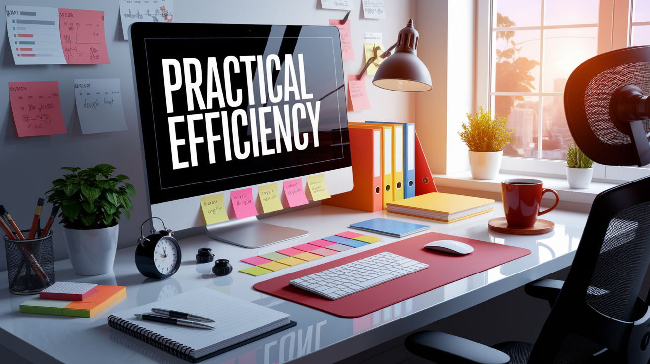 A conceptual illustration representing Practical Efficiency Tips. Visualize the main ideas: . Creative but clear representation of the concept. Style: photorealistic. high quality, detailed, professional, clean composition, good lighting, sharp focus, well-composed. high quality, professional, detailed, well-composed