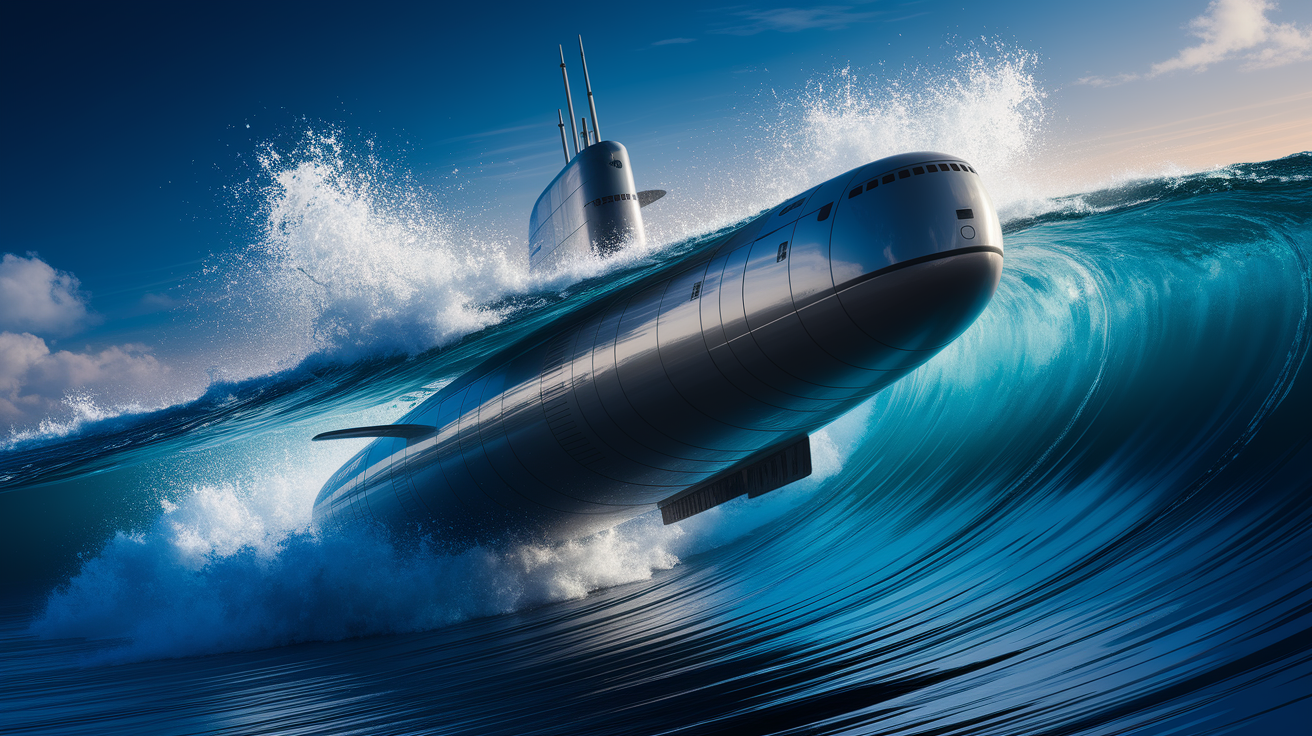 A conceptual illustration representing Introduction: Surfaced to Submerged in a Single Move. Visualize the main ideas: moment, submarine, gliding, waves, slipped. Creative but clear representation of the concept. Style: photorealistic. high quality, detailed, professional, clean composition, good lighting, sharp focus, well-composed.