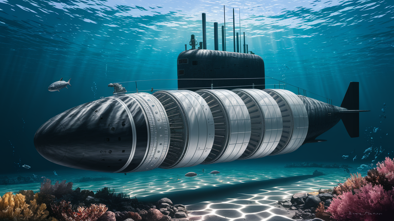 A conceptual illustration representing Variable Ballast and Trim Tanks - Precision Depth Control. Visualize the main ideas: submarine, submerged, shifts, getting, underwater. Creative but clear representation of the concept. Style: photorealistic. high quality, detailed, professional, clean composition, good lighting, sharp focus, well-composed.