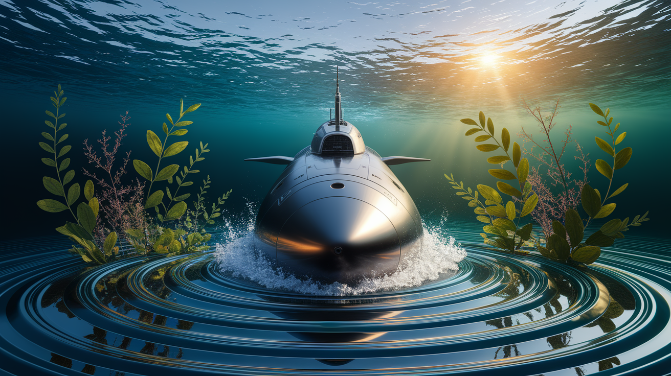 A conceptual illustration representing Conclusion: Rising Above Complexity with Balanced Buoyancy. Visualize the main ideas: moment, submarine, leaves, surface, returns. Creative but clear representation of the concept. Style: photorealistic. high quality, detailed, professional, clean composition, good lighting, sharp focus, well-composed.