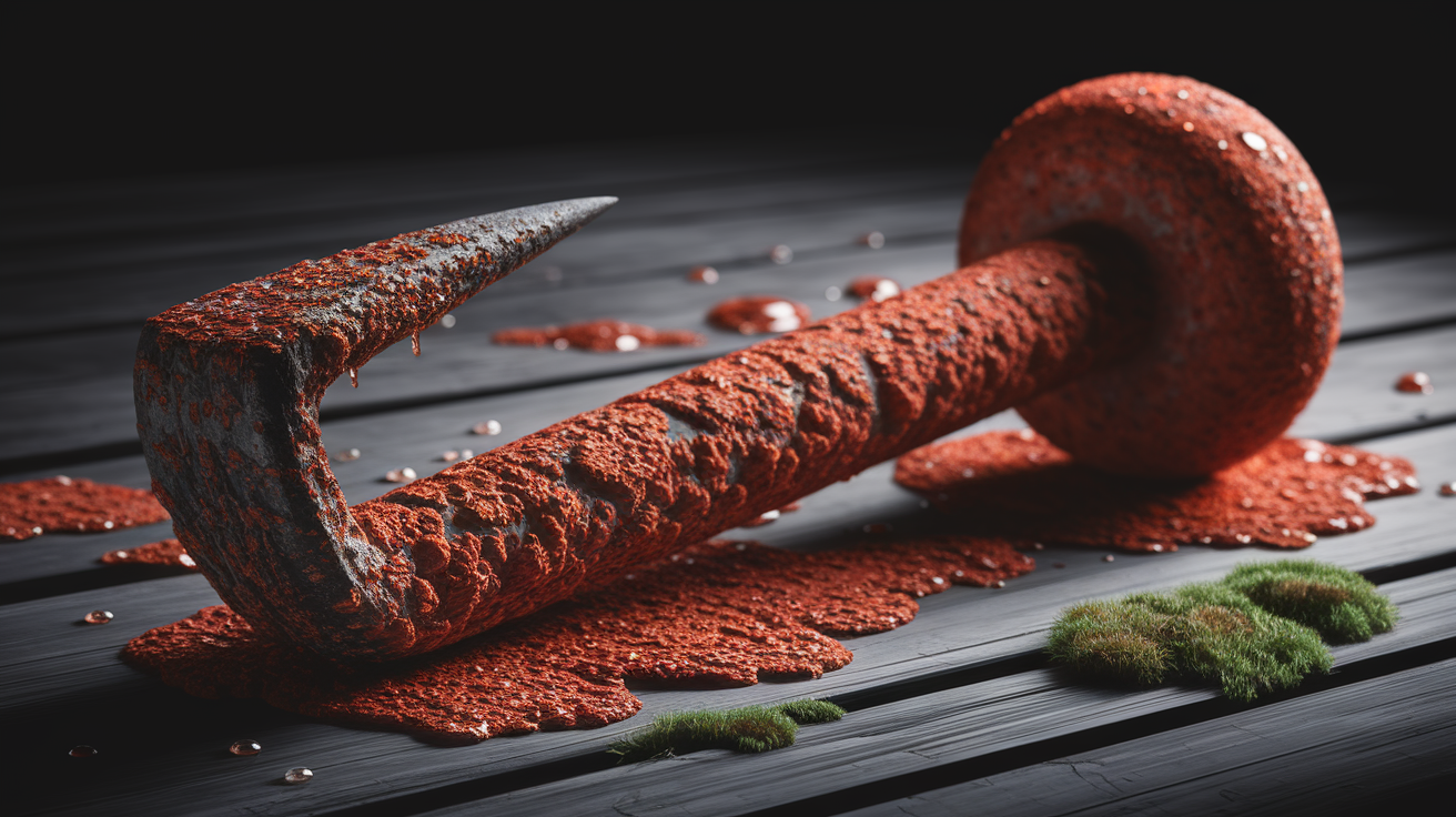 A conceptual illustration representing Rust in a Nutshell. Visualize the main ideas: crumbly, reddish-brown, coating, often, nails. Creative but clear representation of the concept. Style: photorealistic. high quality, detailed, professional, clean composition, good lighting, sharp focus, well-composed.