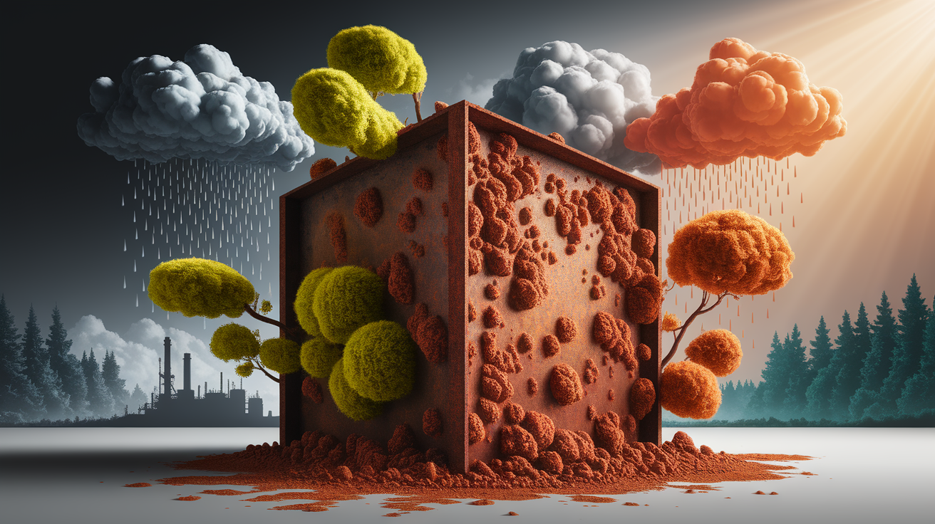 A conceptual illustration representing Environmental Factors Speeding Rust. Visualize the main ideas: Several, environmental, conditions, supercharge, rusting. Creative but clear representation of the concept. Style: photorealistic. high quality, detailed, professional, clean composition, good lighting, sharp focus, well-composed.