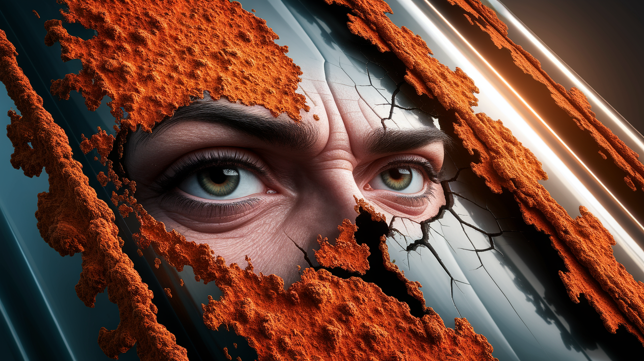 A conceptual illustration representing How Rust Weakens Metal. Visualize the main ideas: eyesore, destructive, material, oxide, brittle. Creative but clear representation of the concept. Style: photorealistic. high quality, detailed, professional, clean composition, good lighting, sharp focus, well-composed.