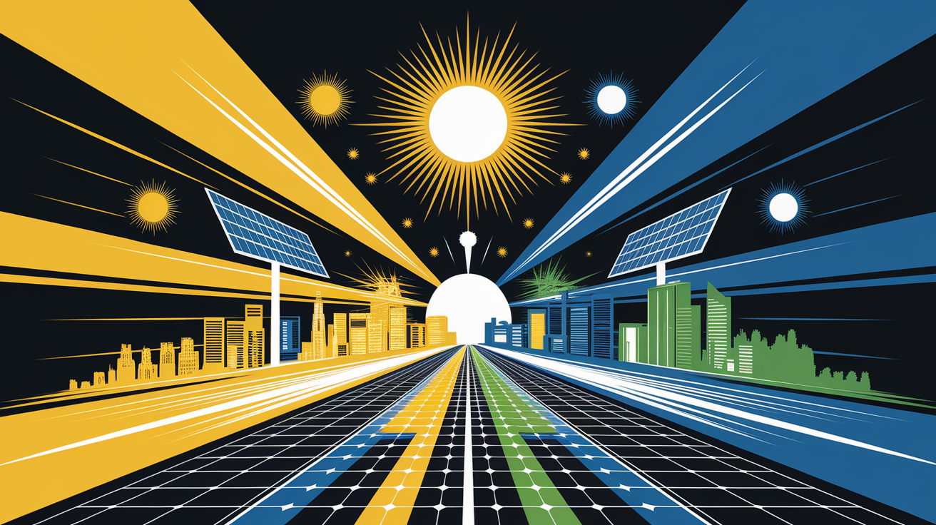 A conceptual illustration representing Shining a Light on Solar Standards. Visualize the main ideas: today, rapidly, expanding, renewable, energy. Creative but clear representation of the concept. Style: Visual Theme: Clean, modern aesthetic with high contrast and vibrant energy. Emphasize the intersect. high quality, detailed, professional, clean composition, good lighting, sharp focus, well-composed.