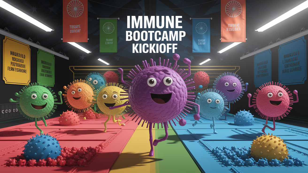 A conceptual illustration representing Immune Bootcamp Kickoff. Visualize the main ideas: . Creative but clear representation of the concept. Style: photorealistic. high quality, detailed, professional, clean composition, good lighting, sharp focus, well-composed. high quality, professional, detailed, well-composed